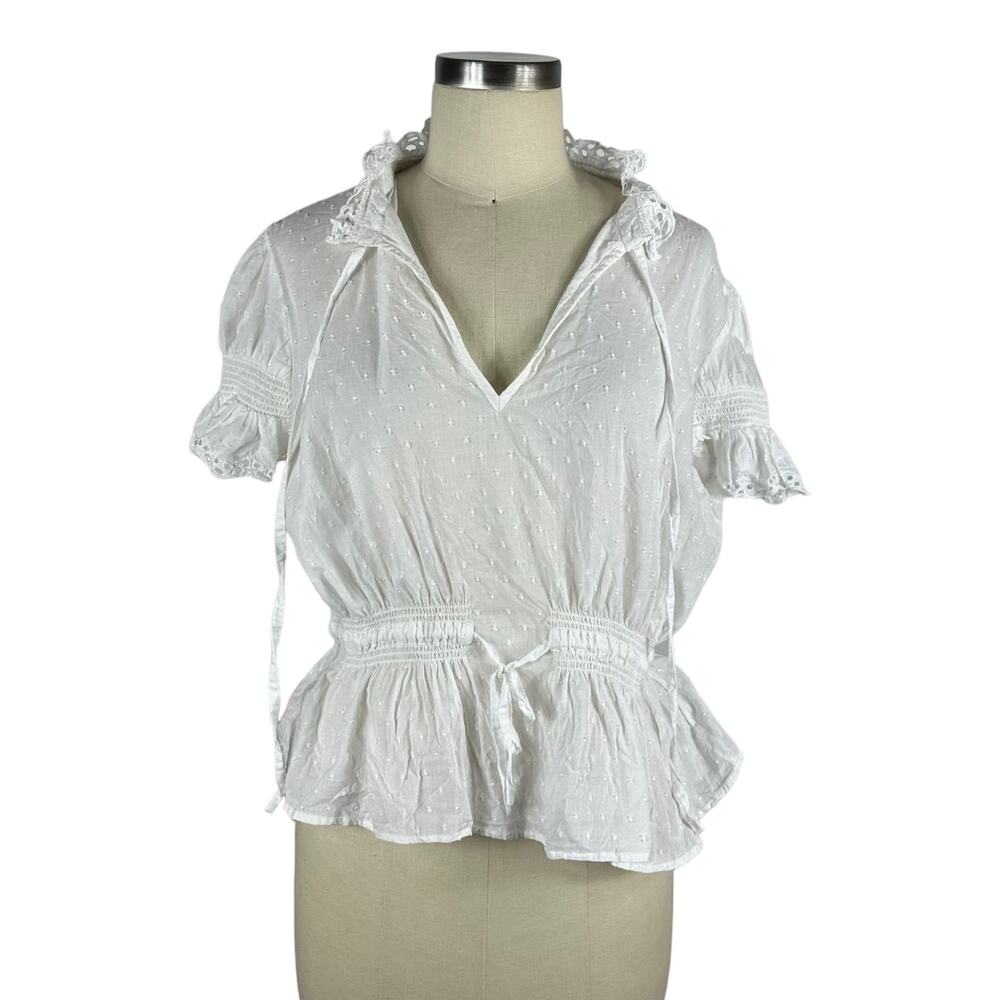 BY TIMO White‎ Lace Peasant Blouse Short Sleeve Cropped Ties Size Large